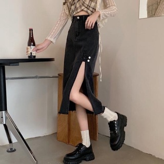 Chân váy jeans/ bò dài xẻ tà chiết cúc siêu ngầu