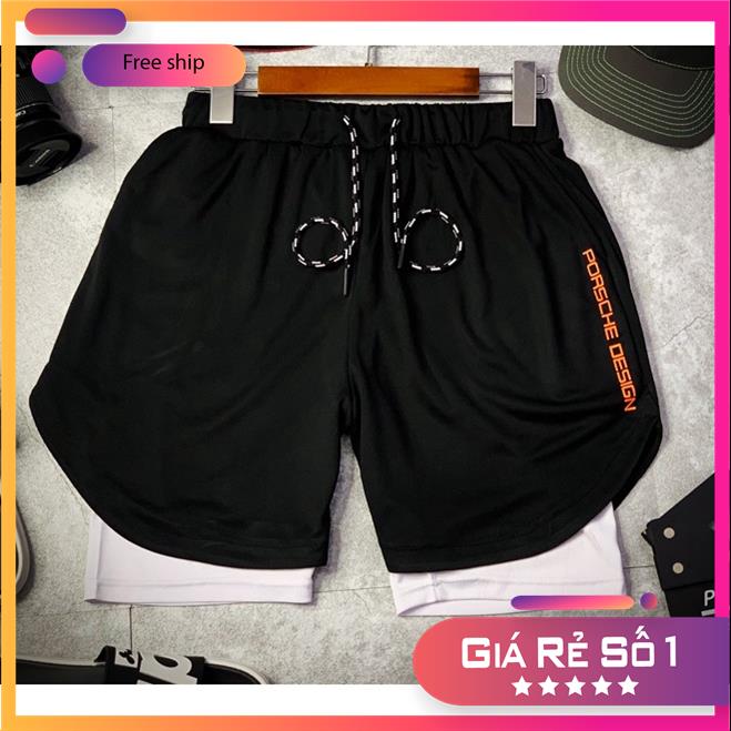 Quần đùi nam tập gym PORSCHE DÉIGN 2 lớp, quần short thể thao nam thoáng mát, co dãn 4 chiều MSP87925