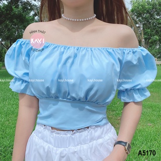 Áo croptop voan kayi house trễ vai tay ngắn nhún viền tay phồng nơ lưng - a170