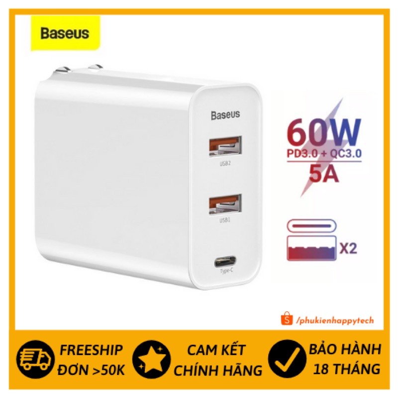 ✅Chính hãng ✅Củ sạc nhanh đa năng, công suất cao Baseus PPS Quick Charger 60W cho Smartphone/ Tablet/ Laptop - happytech