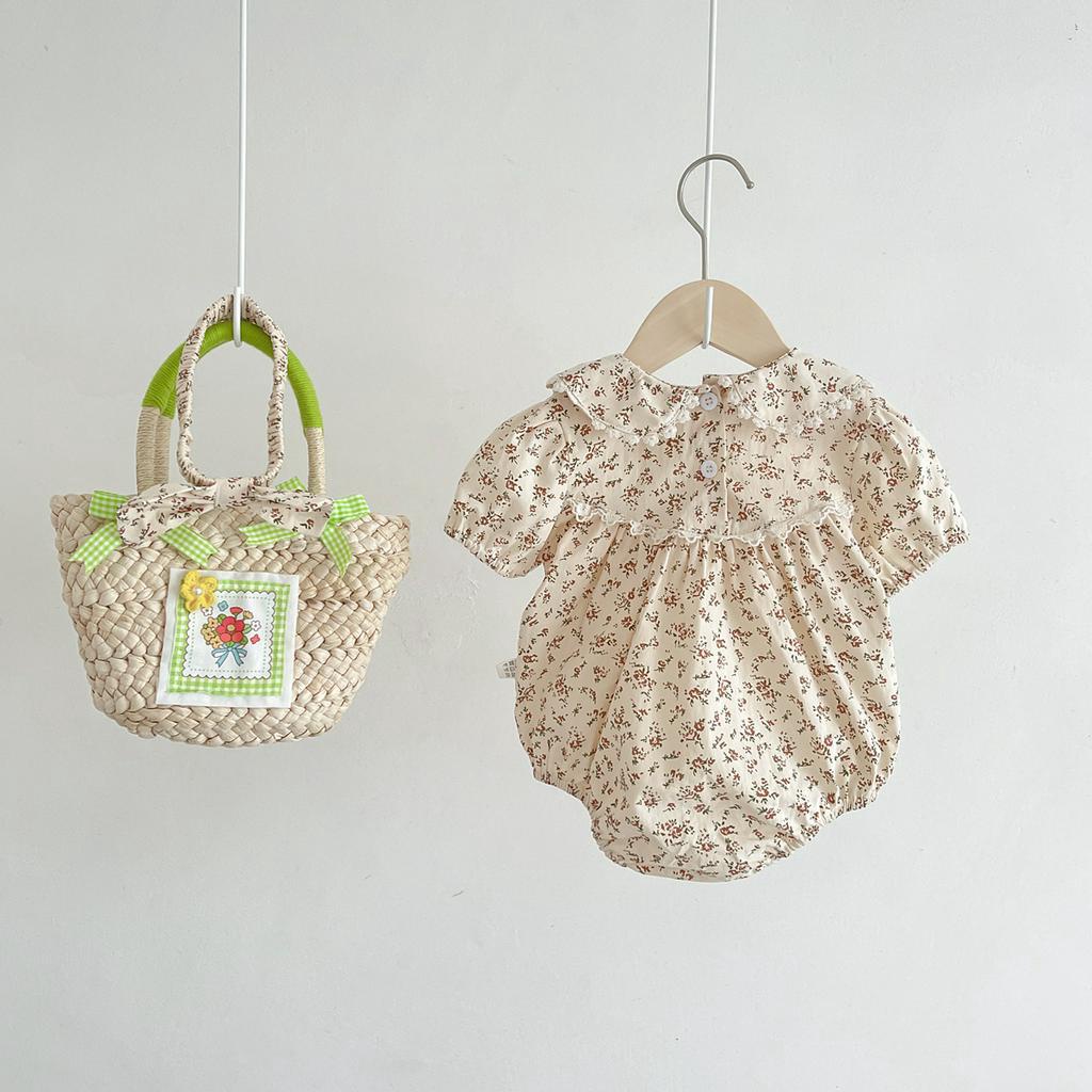 Áo Liền Quần Ngắn Tay Cổ Búp Bê Họa Tiết Hoa Thời Trang Mùa Hè Cho Bé Gái