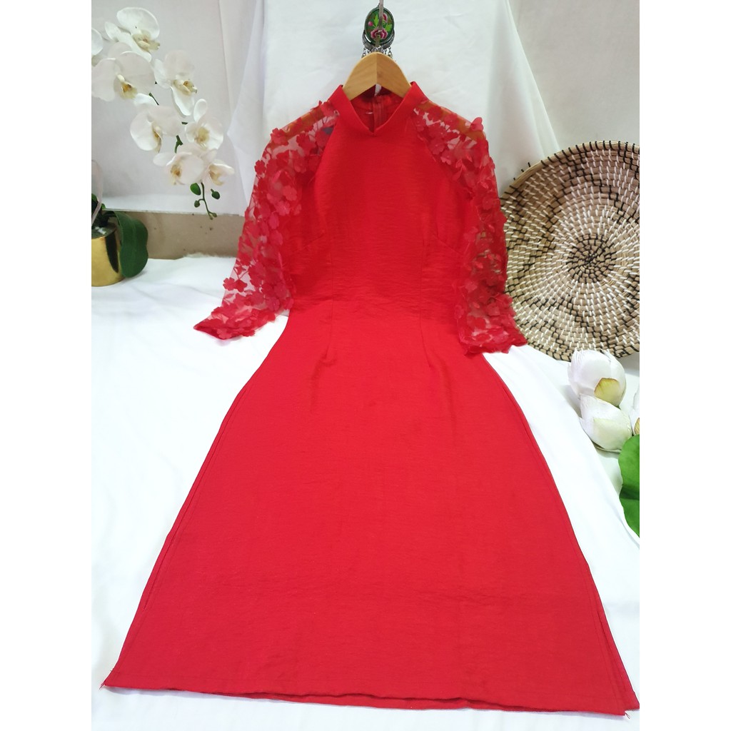 Áo dài nữ 🎀FREESHIP🎀 Áo dài cách tân tay hoa nổi kèm chân váy [ao dai dep]