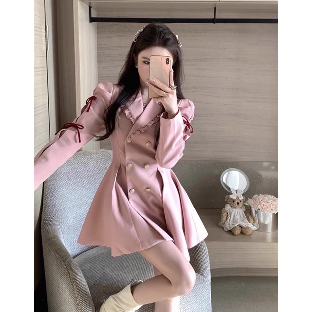 Đầm vest hồng baby mix nơ cực xinh