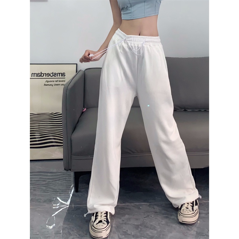 Quần Thể Thao Nữ Dài Lưng Cao Ống Rộng Màu Đen Phong Cách Hàn Quốc