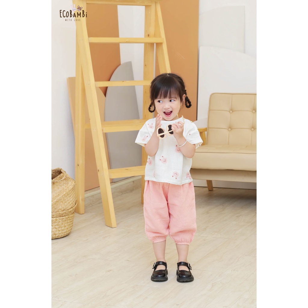 Bộ cotton Muslin Unisex TAY NGẮN, QUẦN THỤNG phong cách Hàn Quốc cho bé - ECOBAMBI