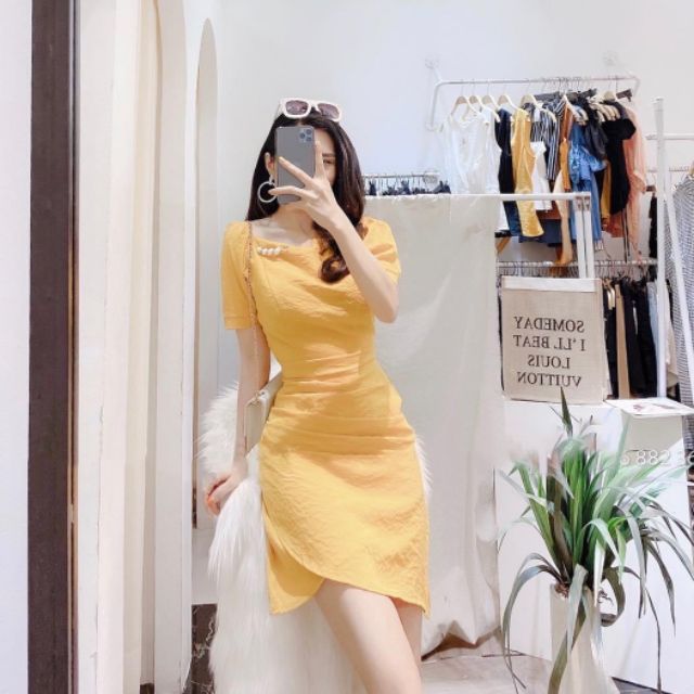 Đầm body 2 màu kèm trâm cài áo