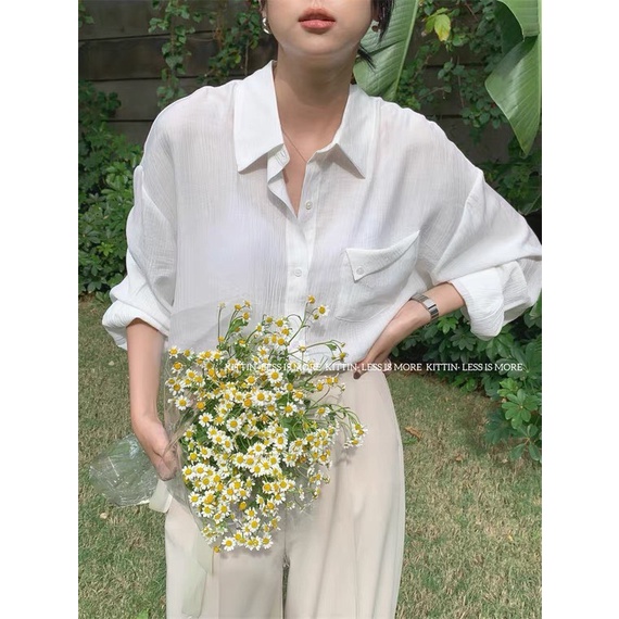 Áo sơ mi nữ dài tay túi lệch vải đũi nhăn màu Hàn Quốc