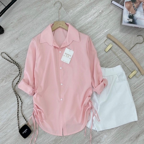 Áo sơ mi nữ hồng mặc được 2 kiểu Deloga phong cách mới bao đẹp tpc  của gkm_fashion