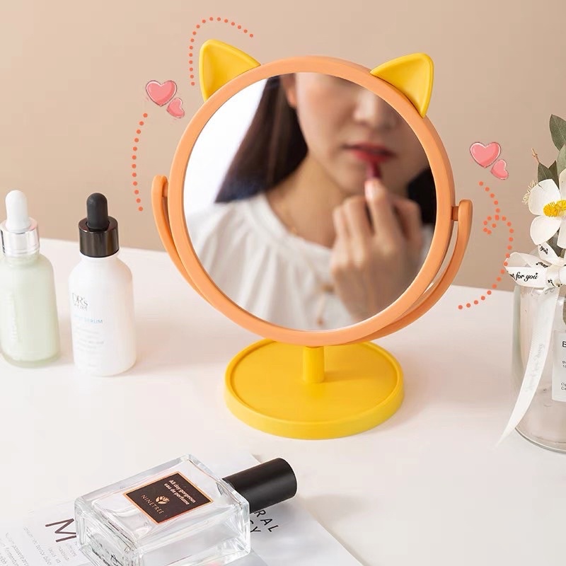 [Tặng Sticker Siêu Cute] Gương để bàn tai mèo xoay 360 độ - Gương phối màu cute Nội địa Trung