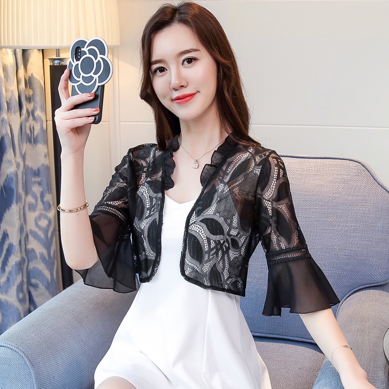 Áo Khoác Cardigan Vải Voan Tay Lỡ 3 / 4 Màu Trơn Phối Ren Thời Trang Mùa Hè Phong Cách Hàn Quốc Cho Nữ