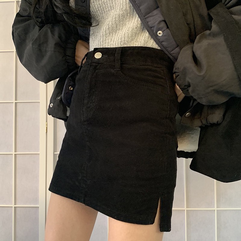 (ORDER ) Chân váy dáng chữ A nhung tăm xẻ vạt ôm body gợi cảm Hàn Quốc màu xanh/đen | BigBuy360 - bigbuy360.vn