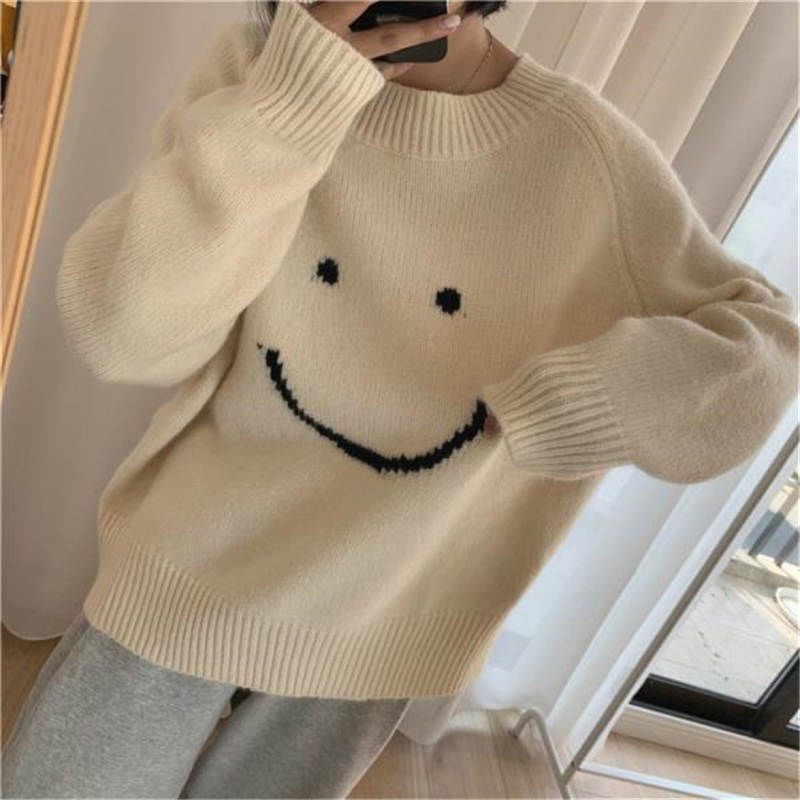 Áo Sweater Dáng Rộng In Hình Mặt Cười Dễ Thương Phong Cách Hàn Quốc Thời Trang Mùa Đông Cho Nữ
