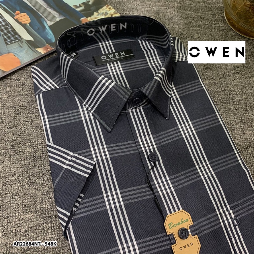 Áo sơ mi nam ngắn tay OWEN AR22684NT somi công sở vải sợi tre cao cấp màu kẻ caro to nâu xám dáng suông tà lượn có túi