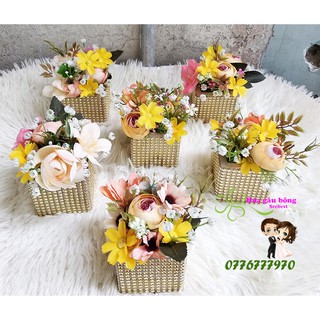 Combo 6 bình hoa gỗ tone vàng trang trí