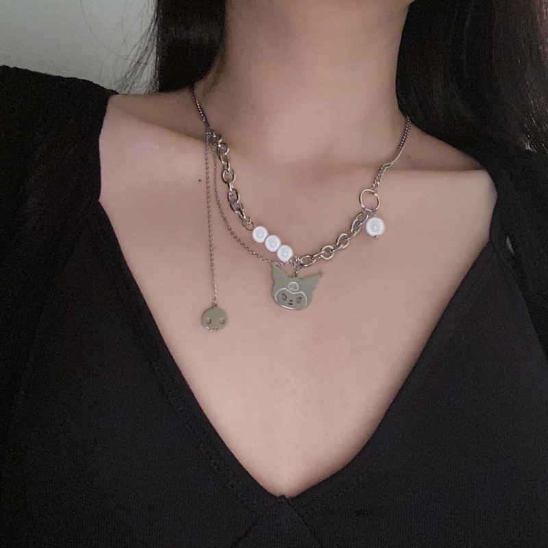 Vòng cổ thép titan đính hạt ngọc trai nhân tạo hình mèo phản quang cá tính