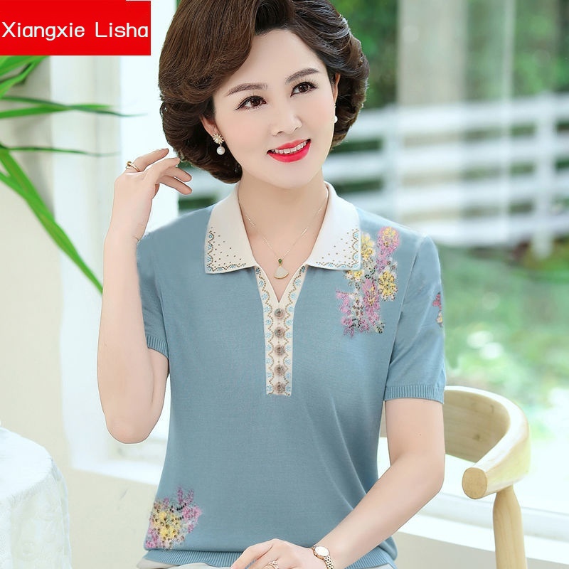 Mom mùa hè áo thun ngắn tay cho người trung niên và cao tuổi dệt kim của phụ nữ