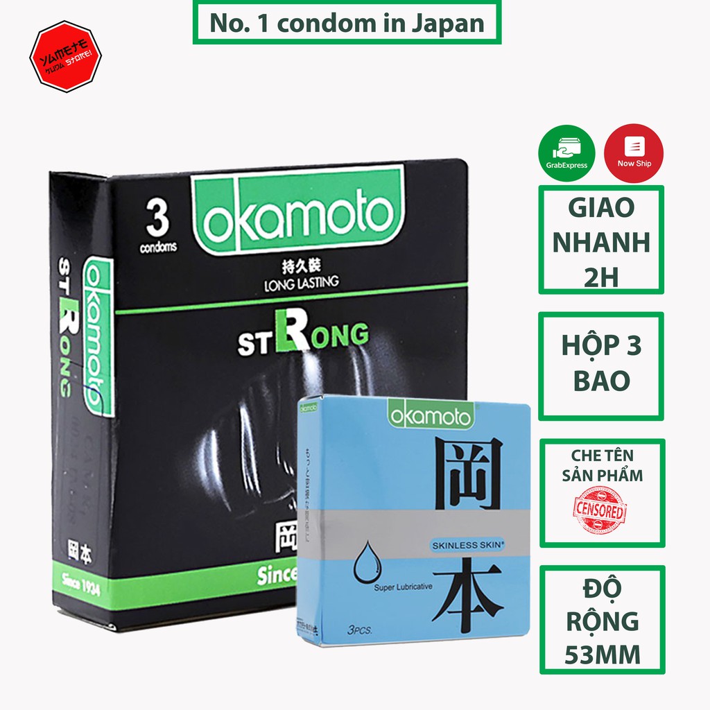 [ COMBO Strong Kéo Dài + 1 Siêu Bôi Trơn ] Bao Cao Su Okamoto Strong. Kéo Dài Thời Gian Không Sử Dụng Thuốc (Hộp 3 cái)