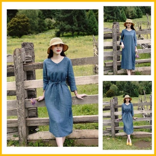 Đầm suông linen mà xanh cổ vịt tay cổ tim[ Đầm suông+Đầm thiết kế]