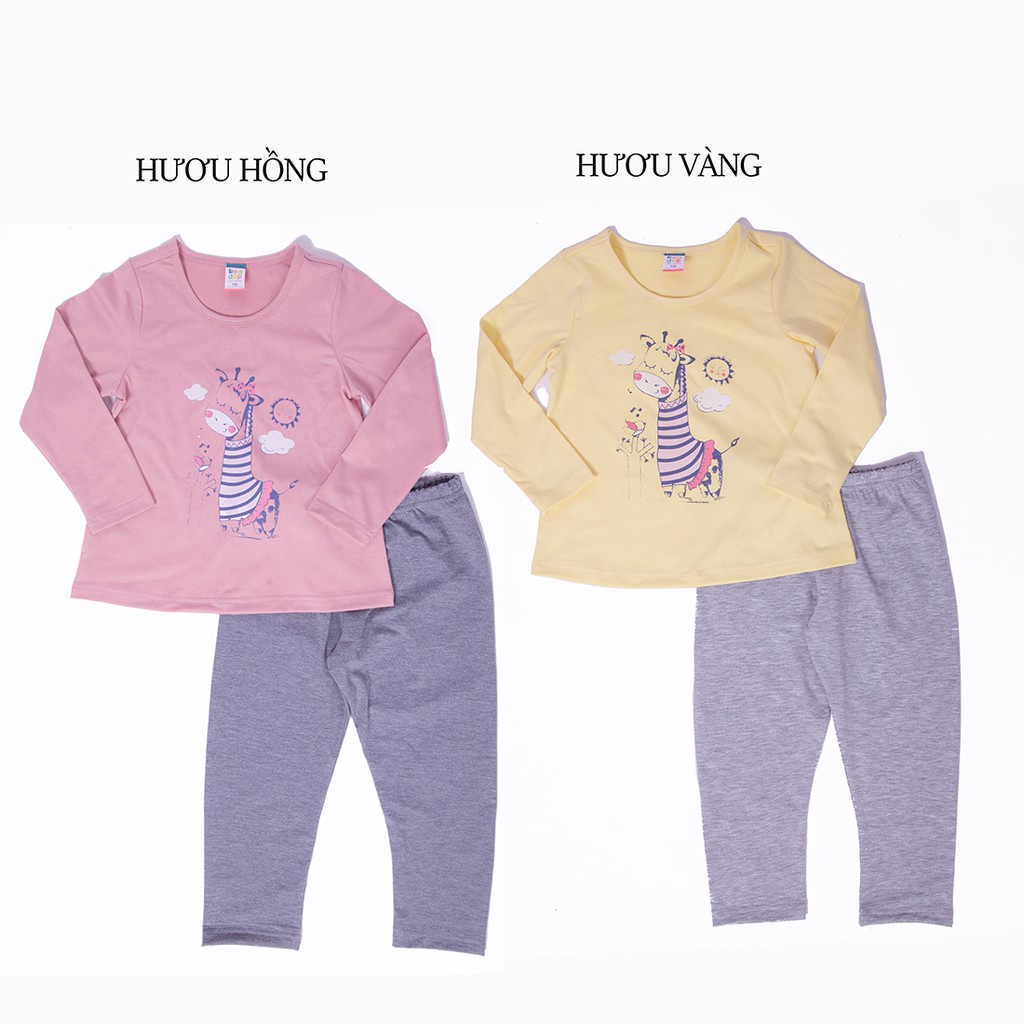 Bộ bé gái dài tay mặc nhà chất thun cotton in hình hươu cao cổ thời trang cao cấp Herokids GB35