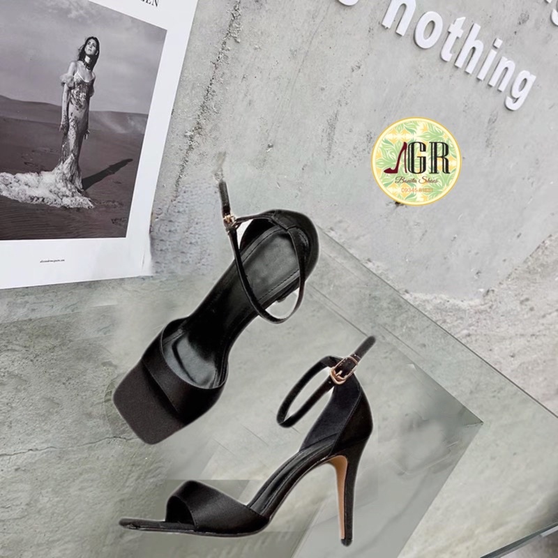 Sandal quai ngang trơn satin gót nhọn 9p ( hàng đẹp)