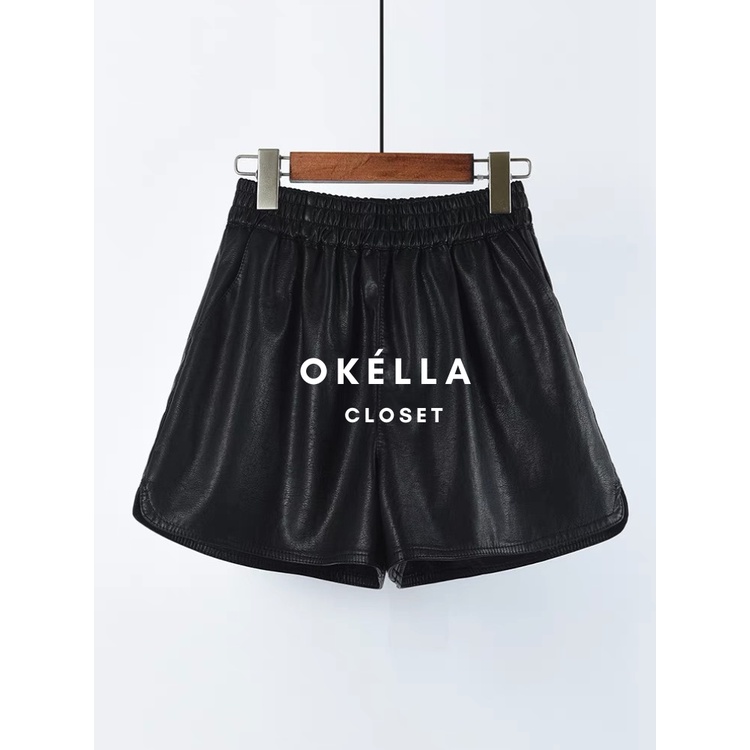 Quần short da PU cạp chun xẻ nhẹ 2 bên, quần sooc nữ chất chuẩn xịn Quảng Châu Okella