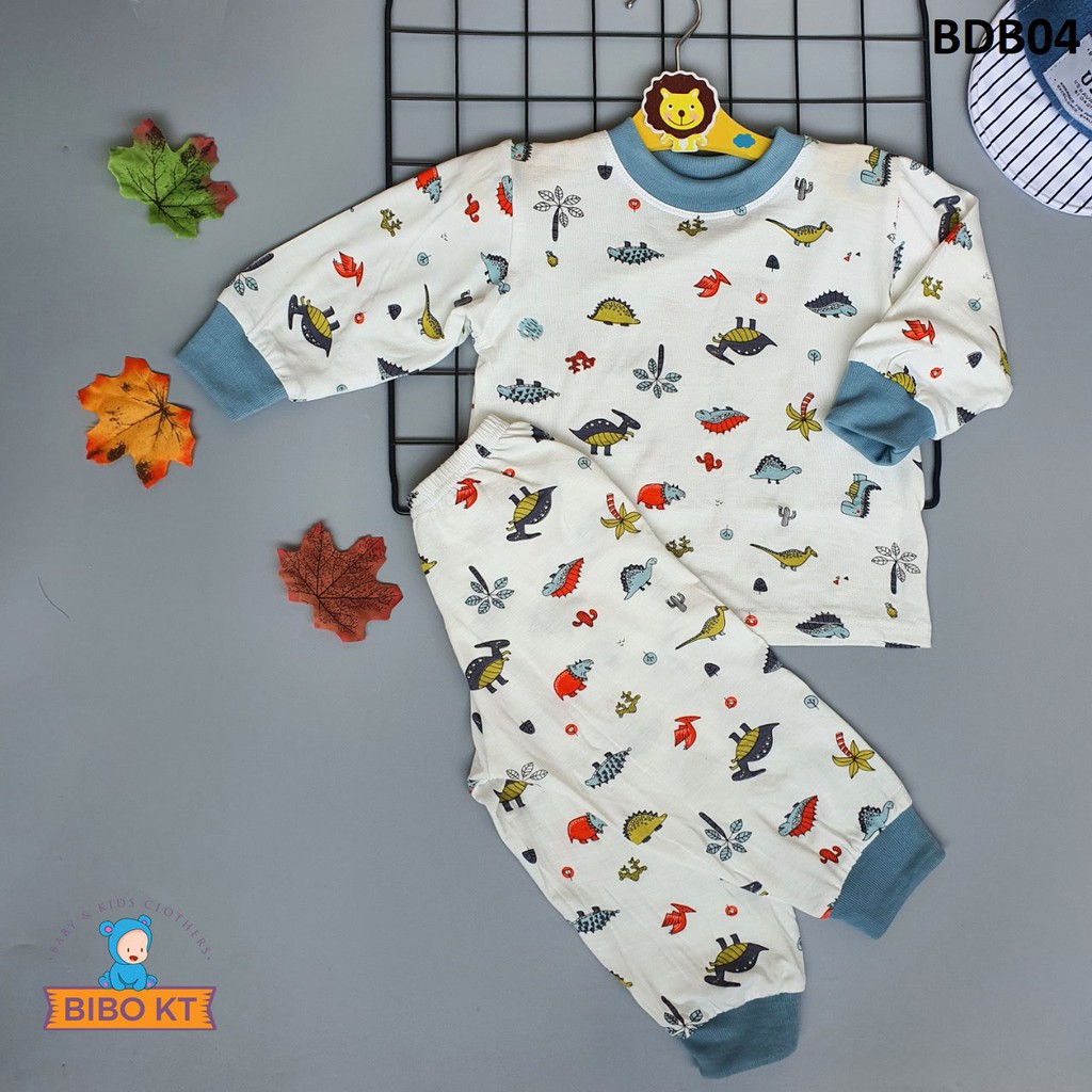 Bộ cổ bo tay dài cotton 100% 4 chiều co giãn mềm mịn họa tiết Dino dùng mặc ngủ Bibo Kim Thu 1-5( 8-22kg)