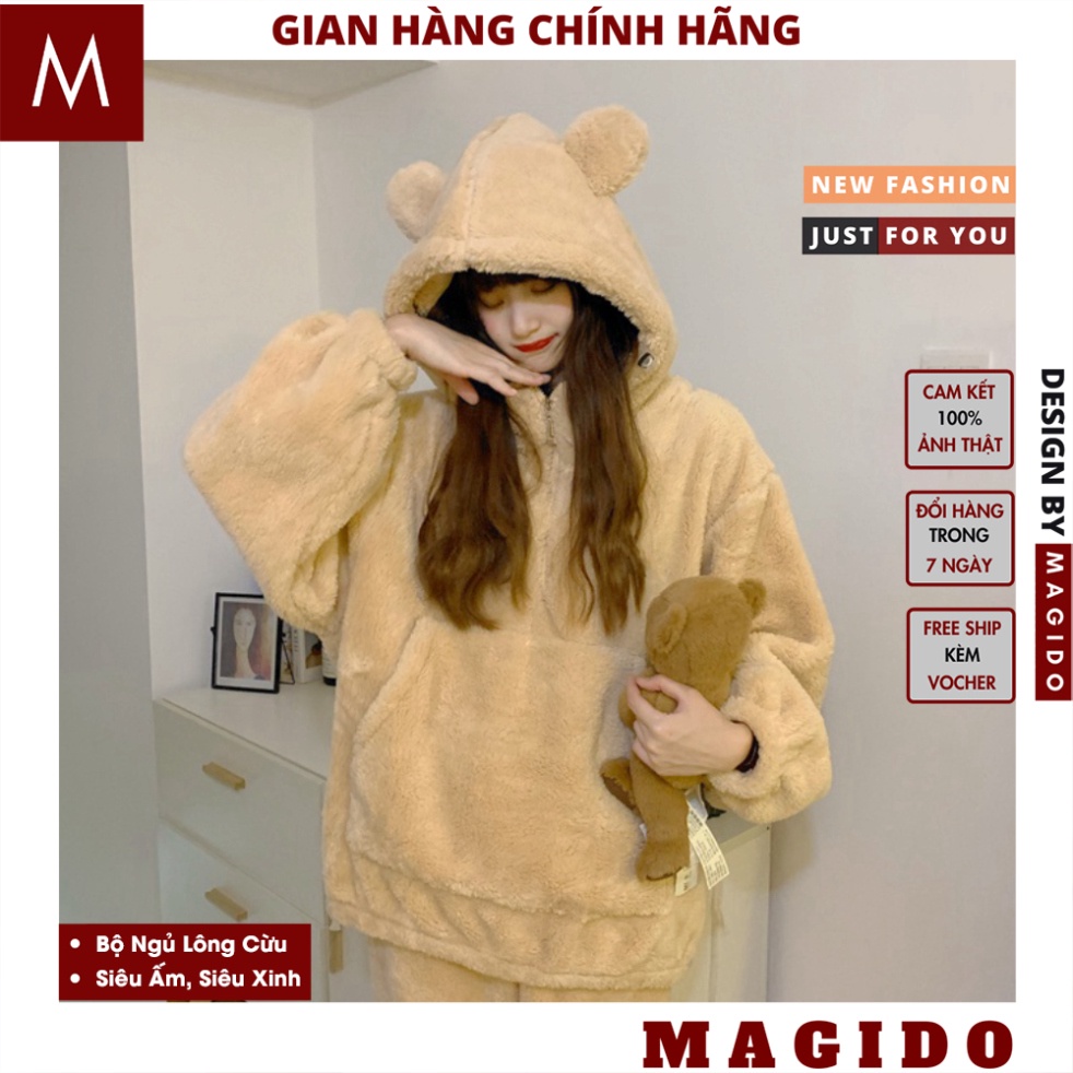 Bộ Ngủ Lông Cừu Mũ Tai Gấu Siêu Xinh, Bộ quần ao ngủ nữ mùa đông ấm áp dày dặn 2 màu Be Nâu, áo lông nữ, MAGIDO