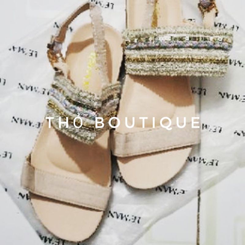 Giày sandal CUNYI Bohemian da lộn phối quai ngang dệt thổ cẩm đính cườm màu xanh, kem size 37-38