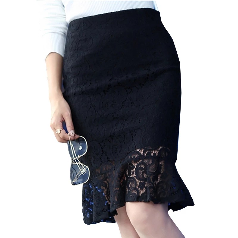 Chân váy bút chì phủ ren đuôi cá mịn