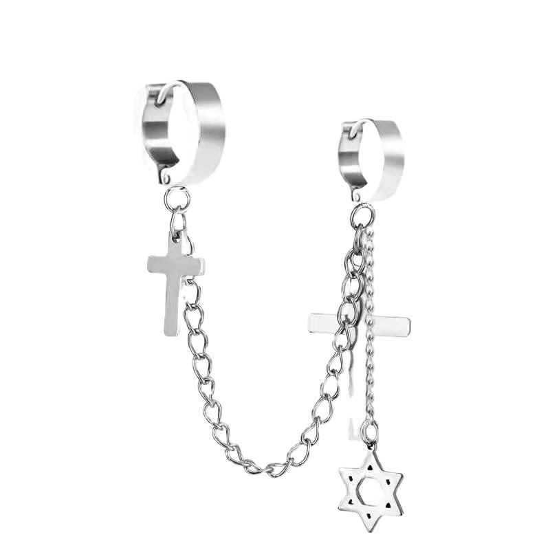 Khuyên Tai Dạng Kẹp Phối Dây Xích Kép Bằng Thép Titan Thời Trang Cá Tính Dành Cho Nam 2022