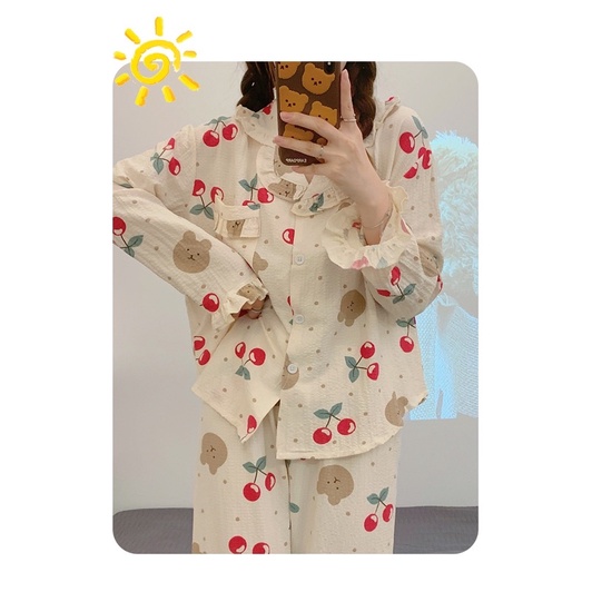 Bộ Pijama Chất Đũi Xốp Cổ Bèo Mặc Nhà Hoạ Tiết Gấu Cherry Xinh