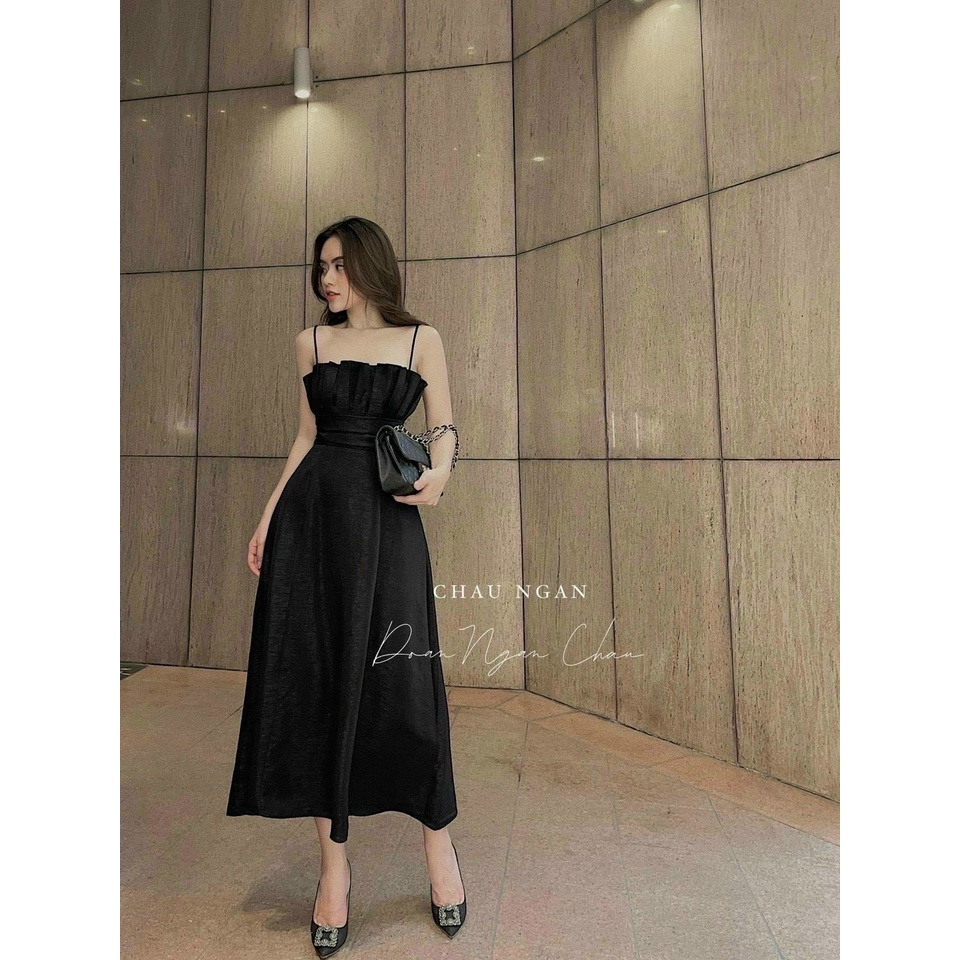 Đầm hai dây xếp ly ngực có mút