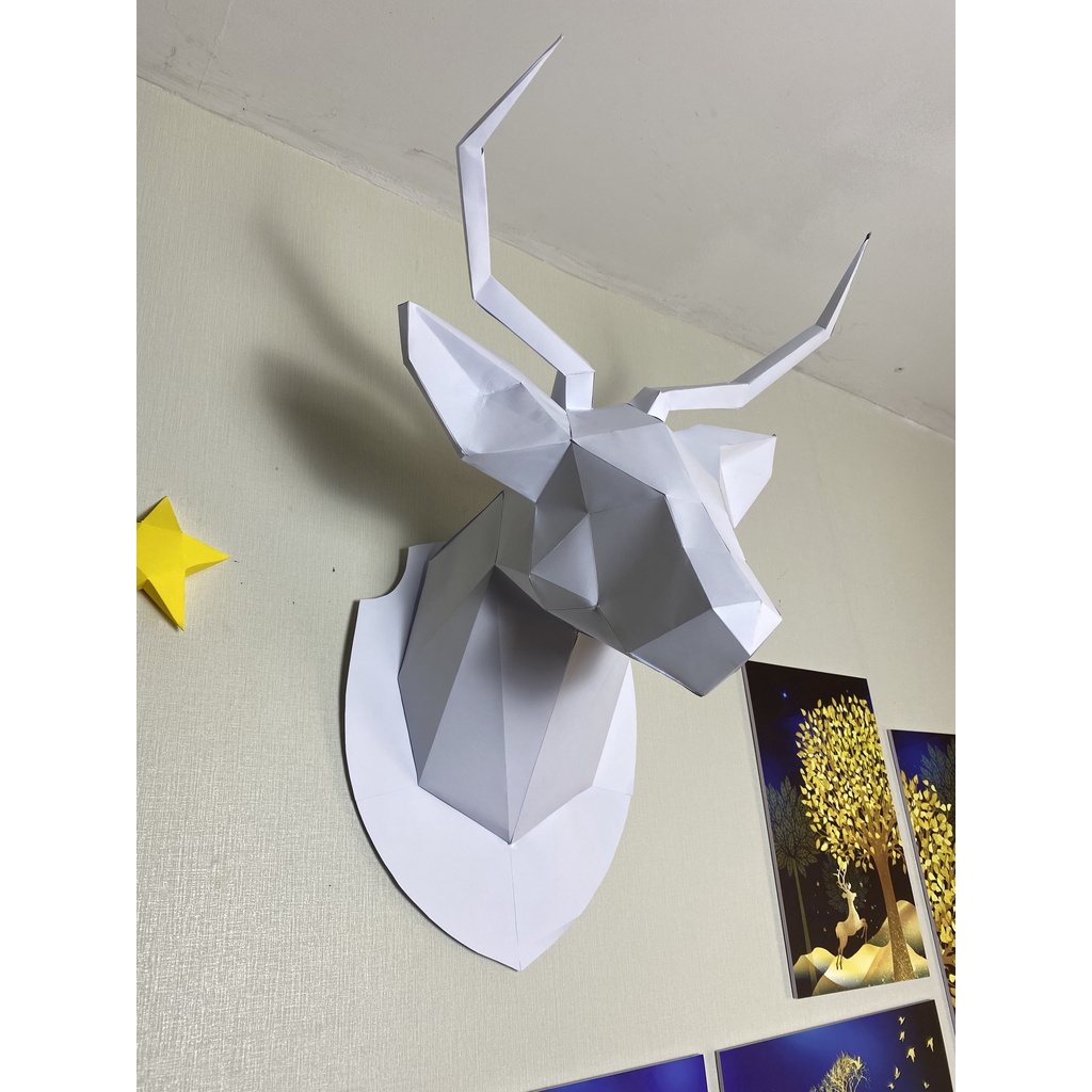 Mô hình 3D Đầu Hươu bằng giấy cao 59cm dán tường, mô hình giấy tự lắp ráp có bản hướng dẫn