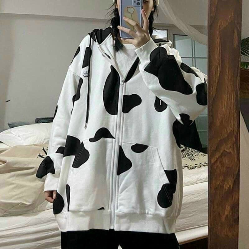 Áo khoác hoodie nỉ nữ form rộng in màu 3D họa tiết bò sữa cực đẹp phong cách Ulzzang chống nắng tốt