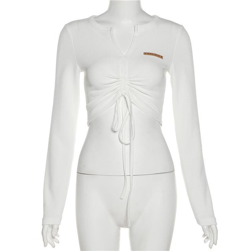 Áo Kiểu Dây Rút Tay Dài Cổ Chữ V In Chữ Thời Trang Cho Nữ