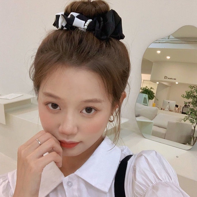 Dây Buộc Tóc Họa Tiết Sọc Caro Trắng Đen Đơn Giản Thời Trang Hàn Quốc