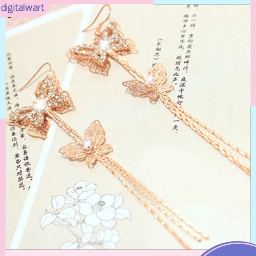 Đôi khuyên tai 2 dây dài hình bướm đính đá quý nhân tạo lấp lánh sang trọng cá tính dành cho nữ