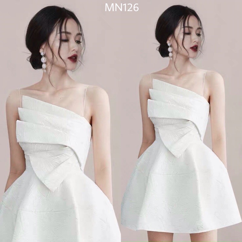 Đầm dự tiệc sang trọng MINA chất liệu gấm hoa nổi thiết kế hai dây dáng xoè đắp nơ ngực (CÓ ĐỆM NGỰC) MN126