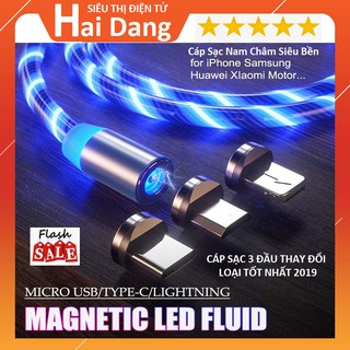 Cáp sạc nam châm, Cáp Sạc đầu tròn cổng type C/ micro USB/ lightning có đèn led cho iPhone OPPO Huawei 2019