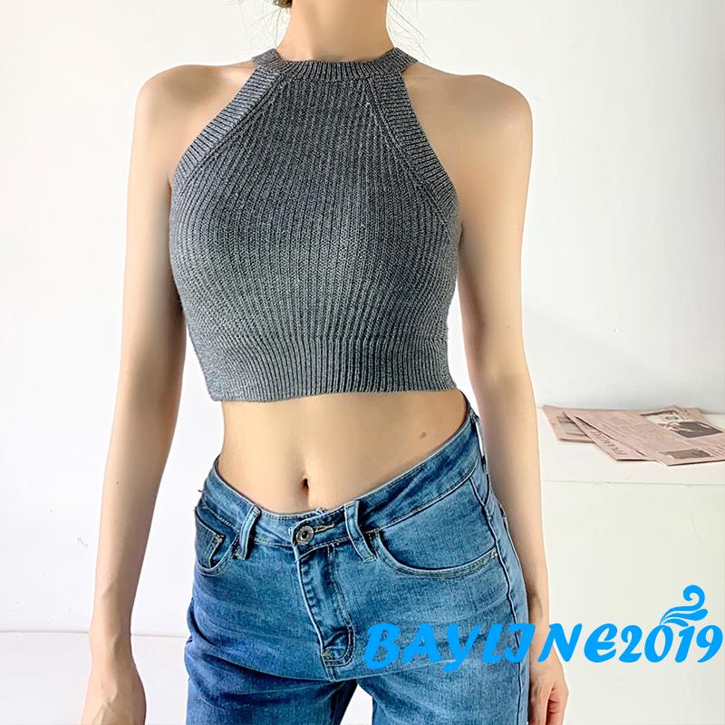Áo Croptop Dệt Kim Không Tay Hở Vai Màu Trơn Thời Trang Cho Nữ Màu Trắng/Xám/Đen