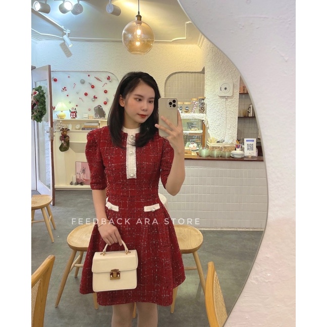 Váy đỏ dạ Tweet thiết kế cao cấp xòe cực tôn dáng Ara V7 | BigBuy360 - bigbuy360.vn