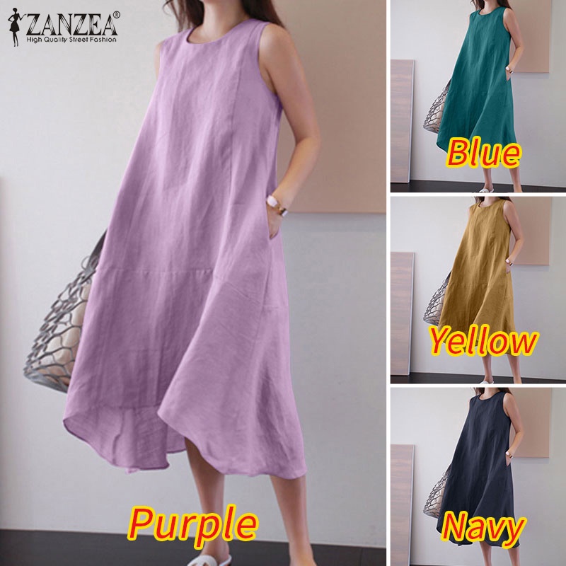 Đầm midi ZANZEA không tay cổ tròn dáng rộng thời trang cho nữ