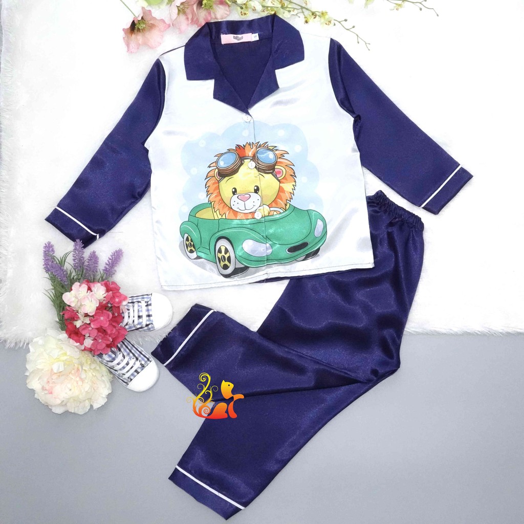 Đồ Pijama Phi Lụa "Hình Sư Tử" Tay Dài Cho Bé - Từ 12kg - 42kg.