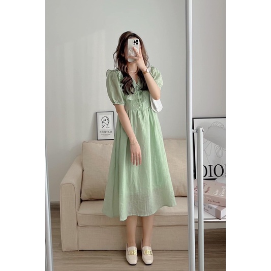 Đầm maxi vải tơ 2 lớp cổ bèo vành to thắt nơ ulzzang, Váy tiểu thư dáng dài cộc tay kiểu nàng thơ siêu đẹp  (TTA136)