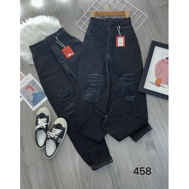 (freeship) QUẦN JEAN BAGGY NỮ LƯNG CAO MÀU ĐEN RÁCH thời trang H.N.M STORE