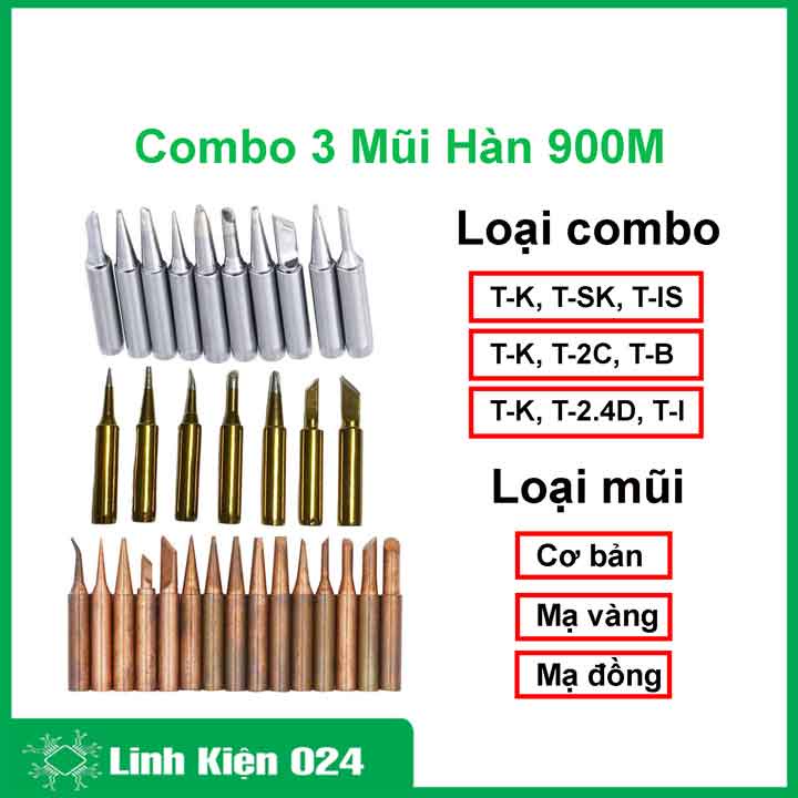 Combo 3 mũi hàn 900M đủ loại tùy chọn mẫu mạ vàng, cơ bản, đồng dành cho các loại trạm hàn hakko tay hàn tq936