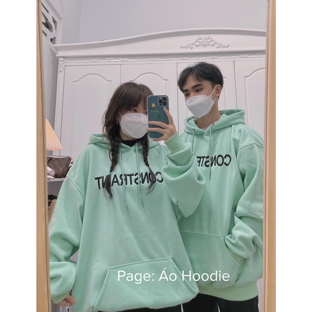 Áo Hoodie Tone Màu Xanh Đậu Chất Nỉ Cotton Trần Bông Tay Bồng Form Rộng Nam Nữ Mặc Đôi Unisex