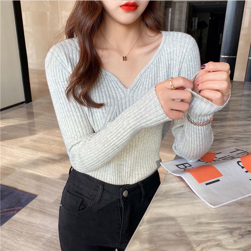 Áo sweater Dệt Kim Tay Dài Cổ Chữ V Dáng Ôm Phong Cách Thời Trang Mới Dành Cho Nữ