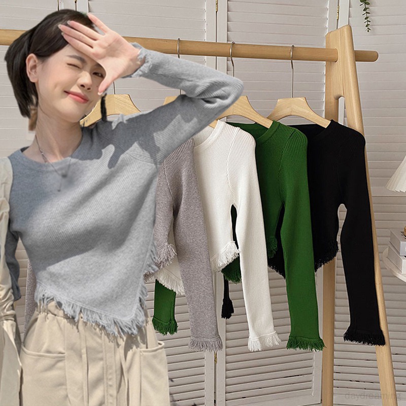 Áo Sweater Dệt Kim Tay Dài Cổ Tròn Phối Tua Rua Màu Sắc Đơn Giản Cho Nữ