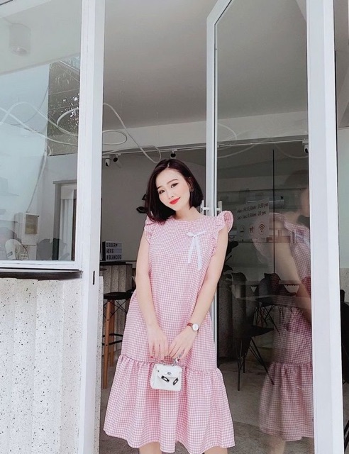 Đầm sọc caro hồng suông đuôi cá cánh tiên cực dễ thương style tiểu thư